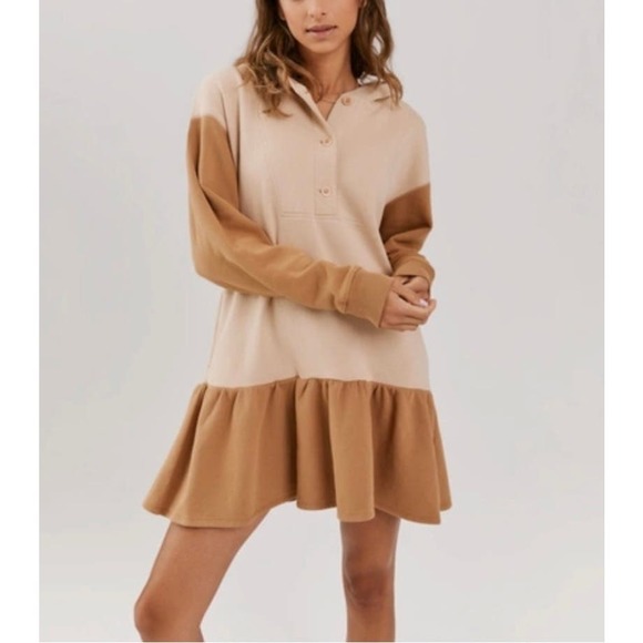 SOMETHING NAVY Hooded Sweatshirt Dress Womens Small Tan Colorblock Long Sleeve - Picture 1 of 15